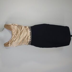 Maria Bianca Nero Black Champagne Silk Bodice Beaded Waist Sheath Dress Size S
